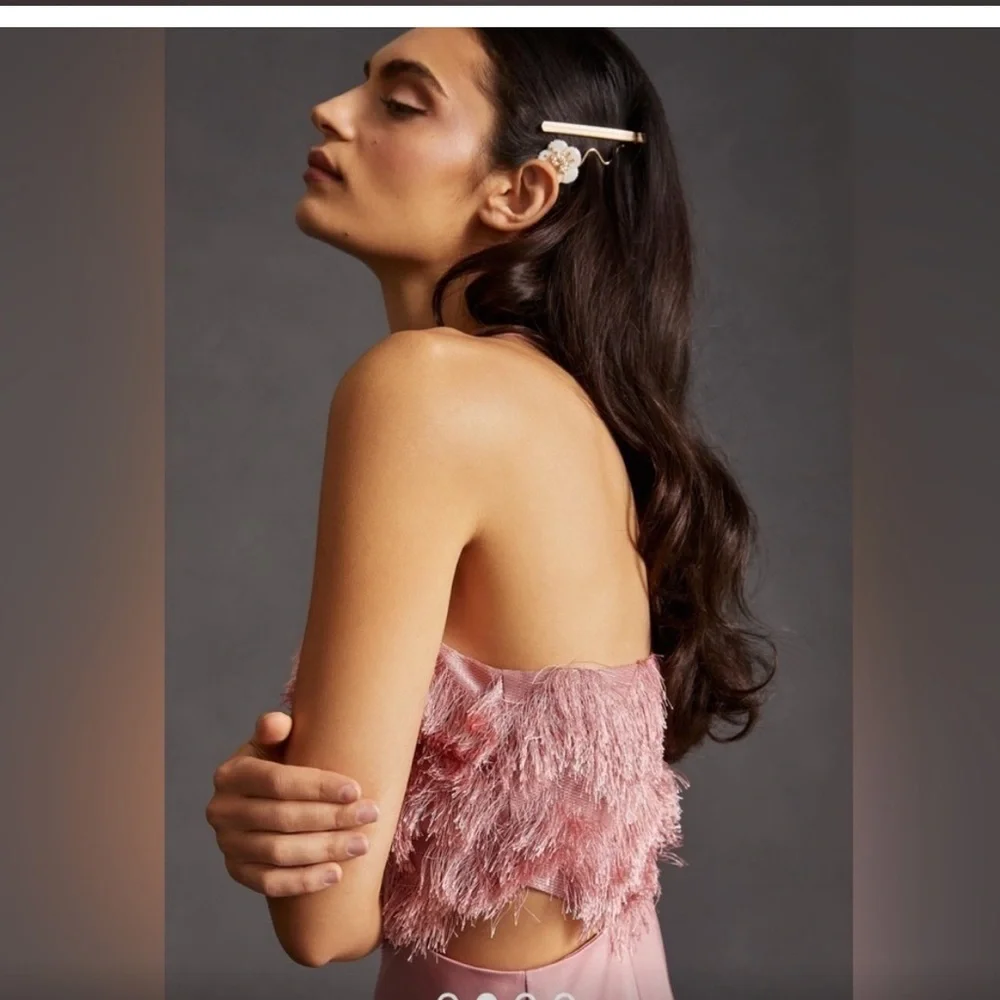 Anthropologie Hutch pink open side feathered jumpsuit, NWT 8 romper wide leg